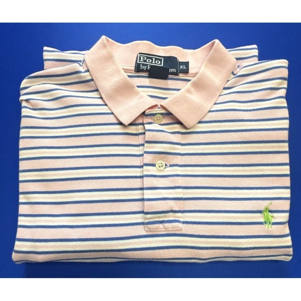 Polo Ralph Lauren Polo Shirt Men's XL Pink Blue Cotton Striped Knit Short Sleeve
